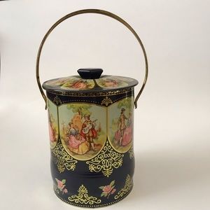 Vintage made in England courting couple tin can with handle